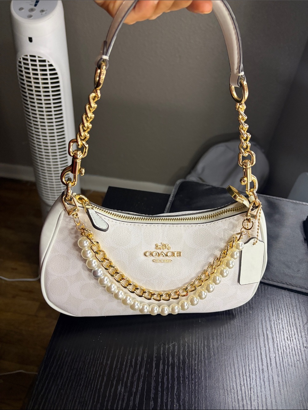 Coach Pearl-Trim Ivory Shoulder Bag with Gold Hardware